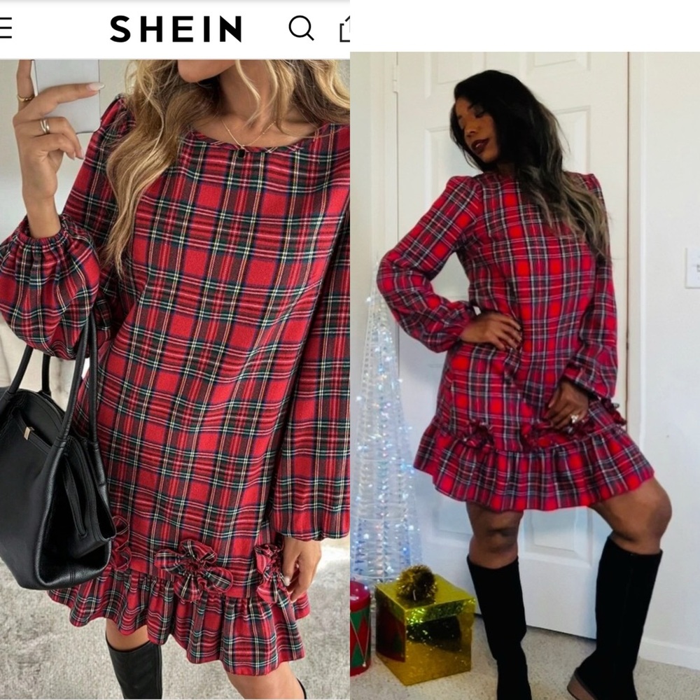 SHEIN Red Plaid Long Sleeve Dress